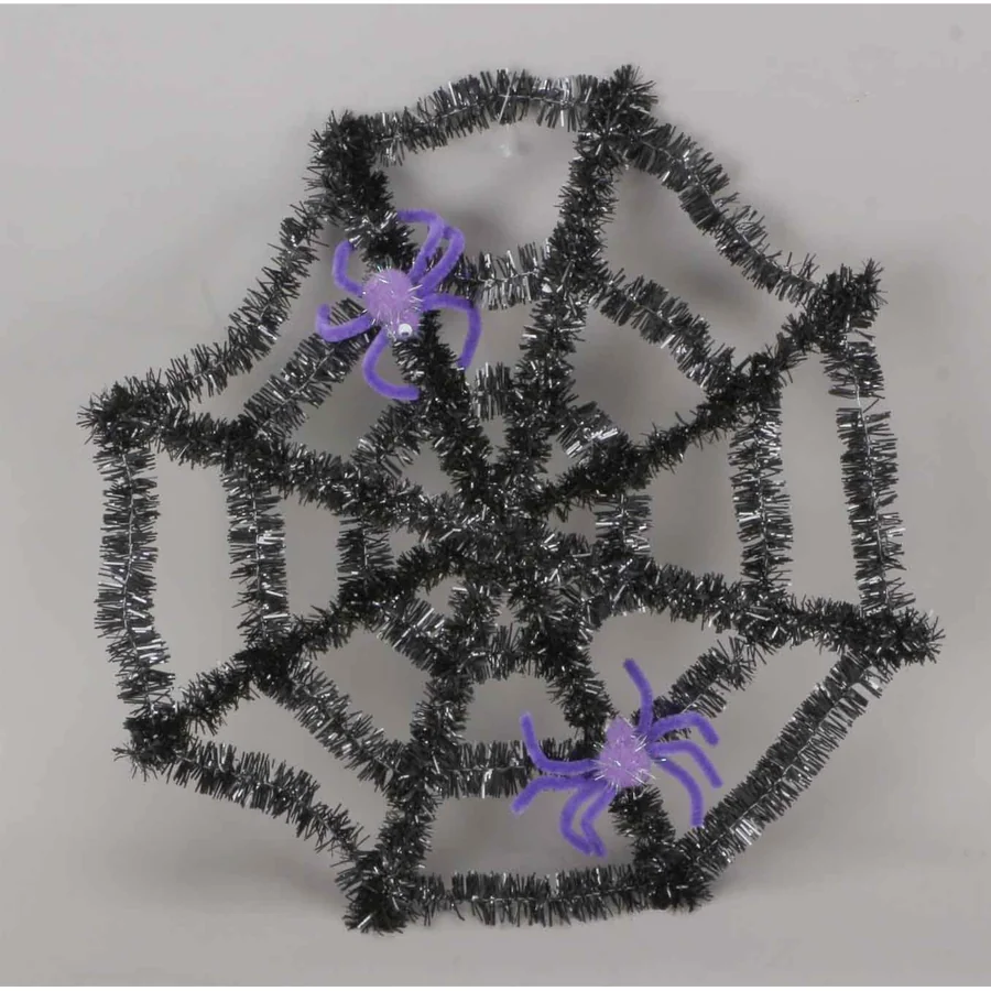 Black tinsel spiderweb with purple spiders.