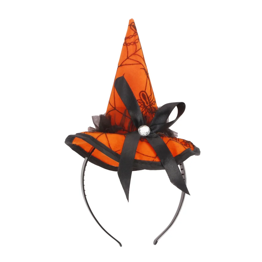Orange fabric witch hat headband with black bow.