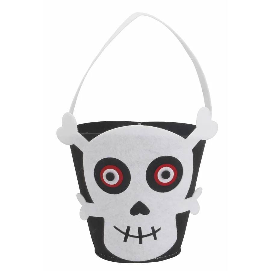 Felt skull-patterned trick-or-treat bucket.