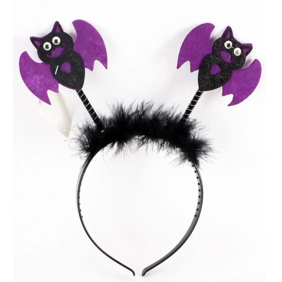 Black feathered headband with purple bat ornaments.