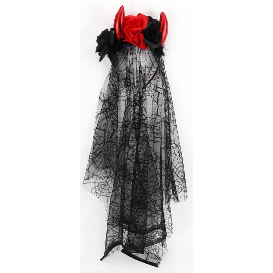 Black lace spiderweb veil with red horns and flowers.