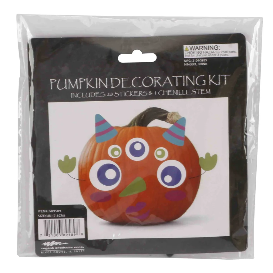 Plastic pumpkin decorating kit with stickers and stem.