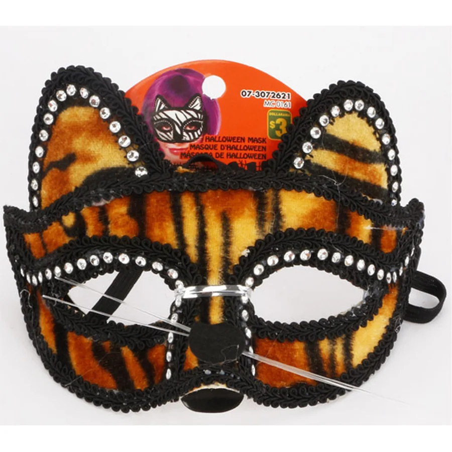 Felt tiger-patterned Halloween mask with rhinestones.