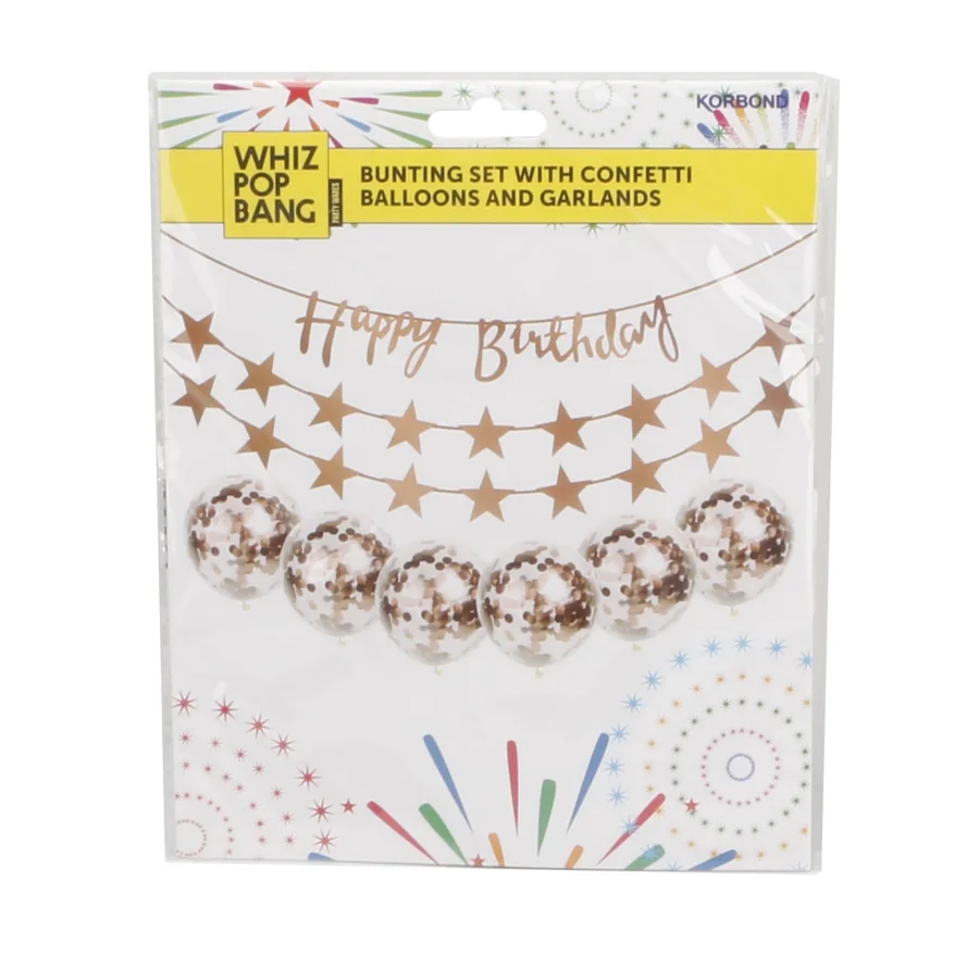 Gold foil star garland and confetti balloons.