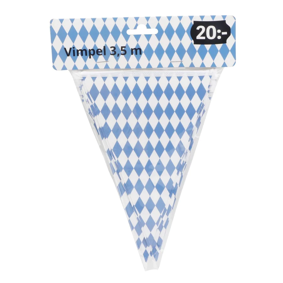 Blue and white diamond-patterned paper bunting.