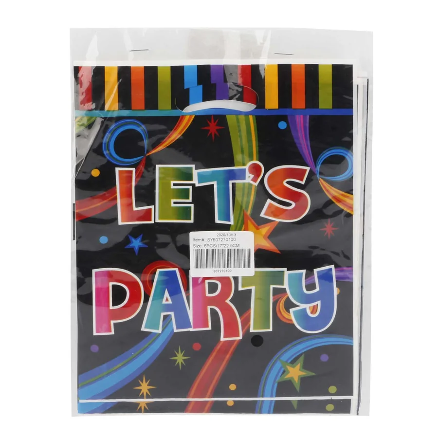Plastic party gift bags with colorful design.