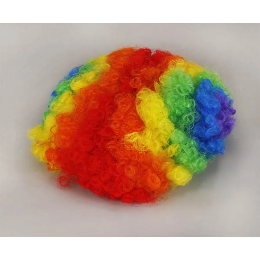 Colorful curly wig on white background