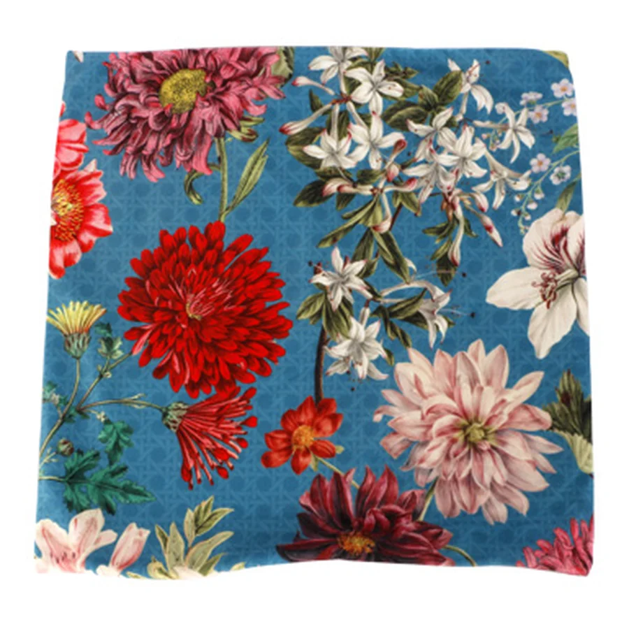 Floral-patterned blue fabric cloth.