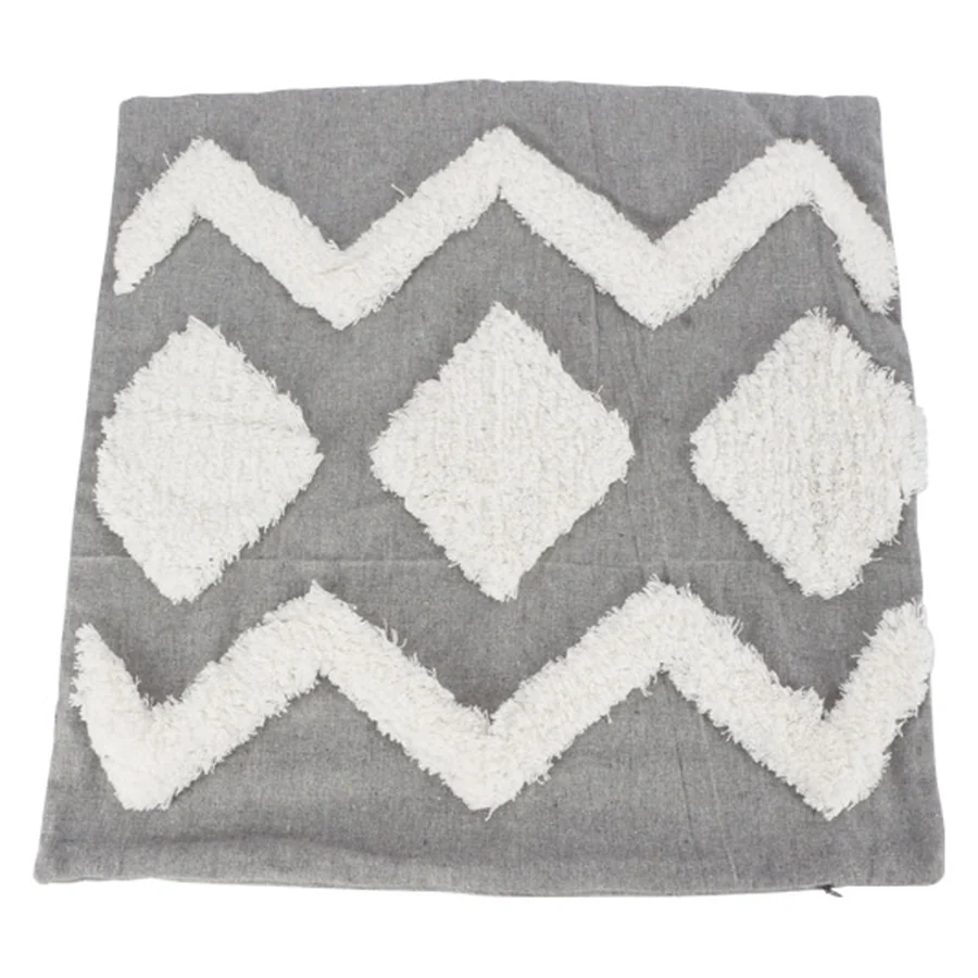 Gray fabric cushion cover with white zigzag and diamond patterns.