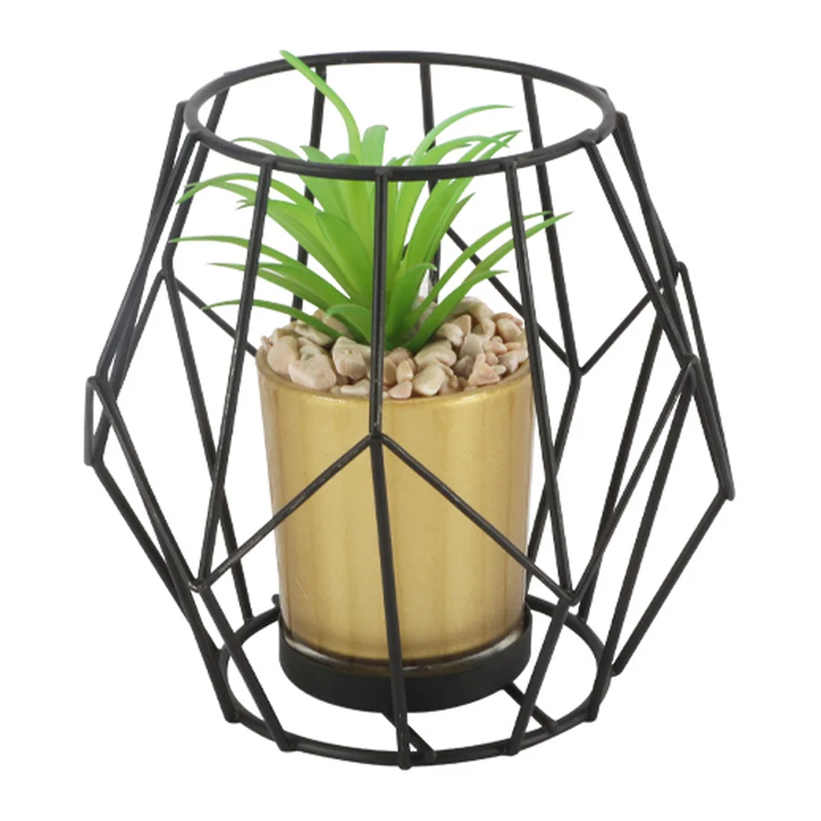 Black metal geometric planter with gold pot.