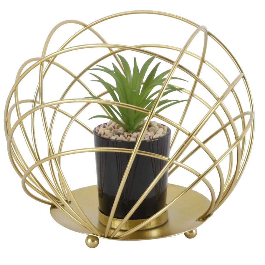 Gold wire spherical planter stand with black pot.