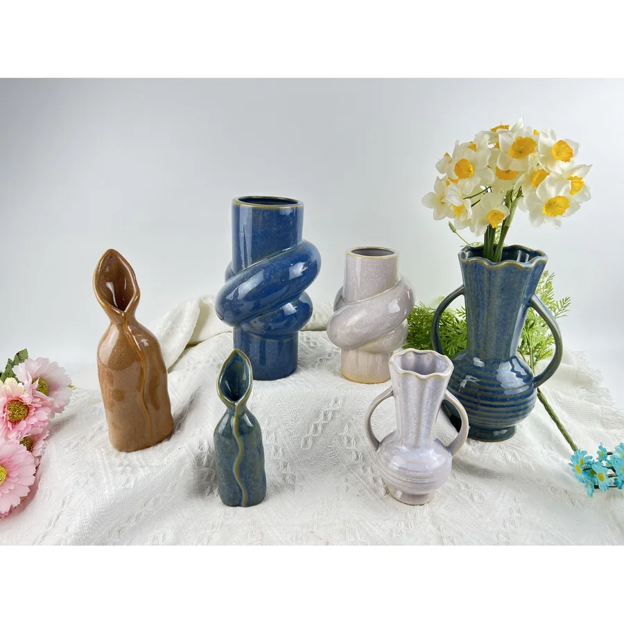 Ceramic twisted vases with floral accents