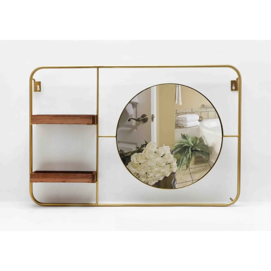Gold frame wooden shelf wall mirror.