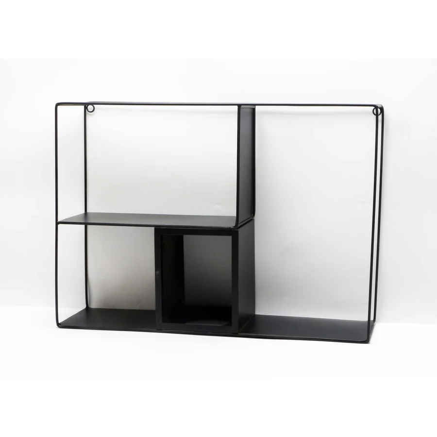 Black metal wall-mounted storage shelf unit.