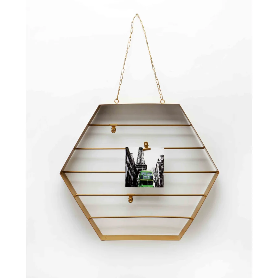 Gold hexagonal hanging glass shelf.