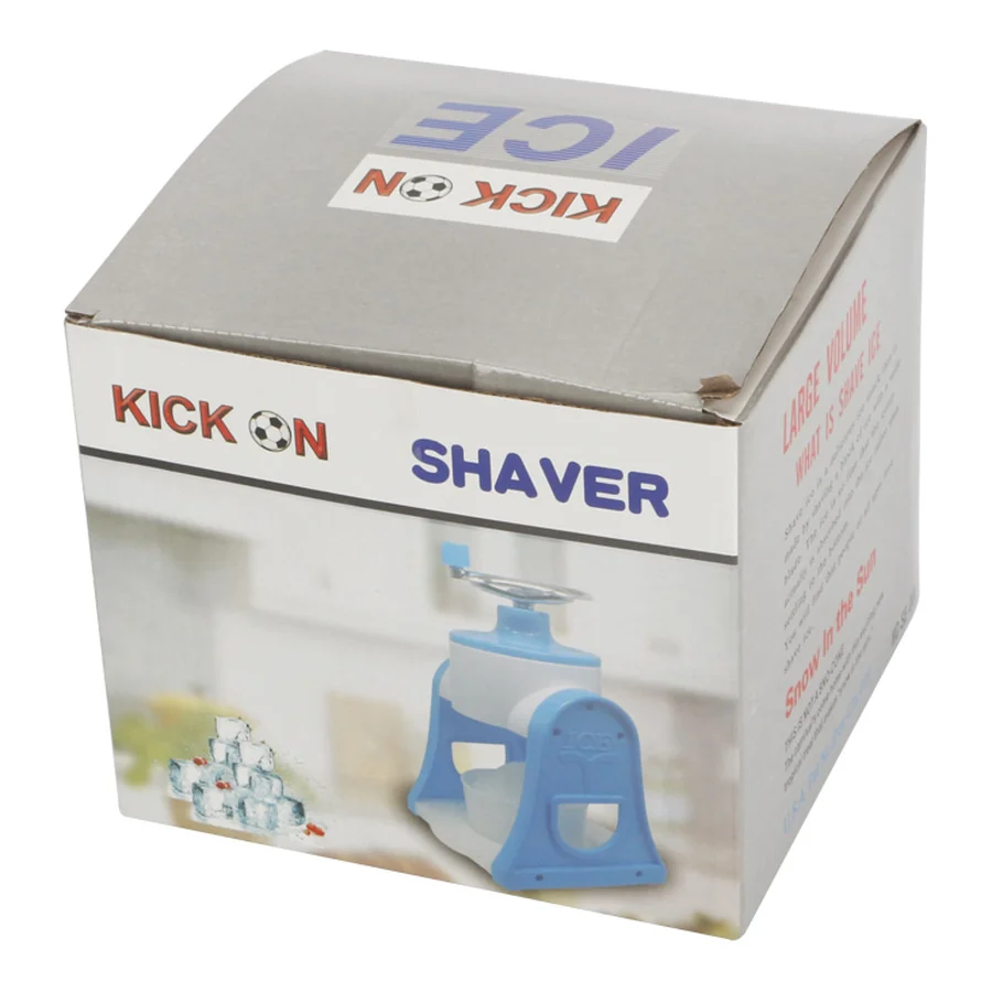 Blue plastic ice shaver in packaging box.