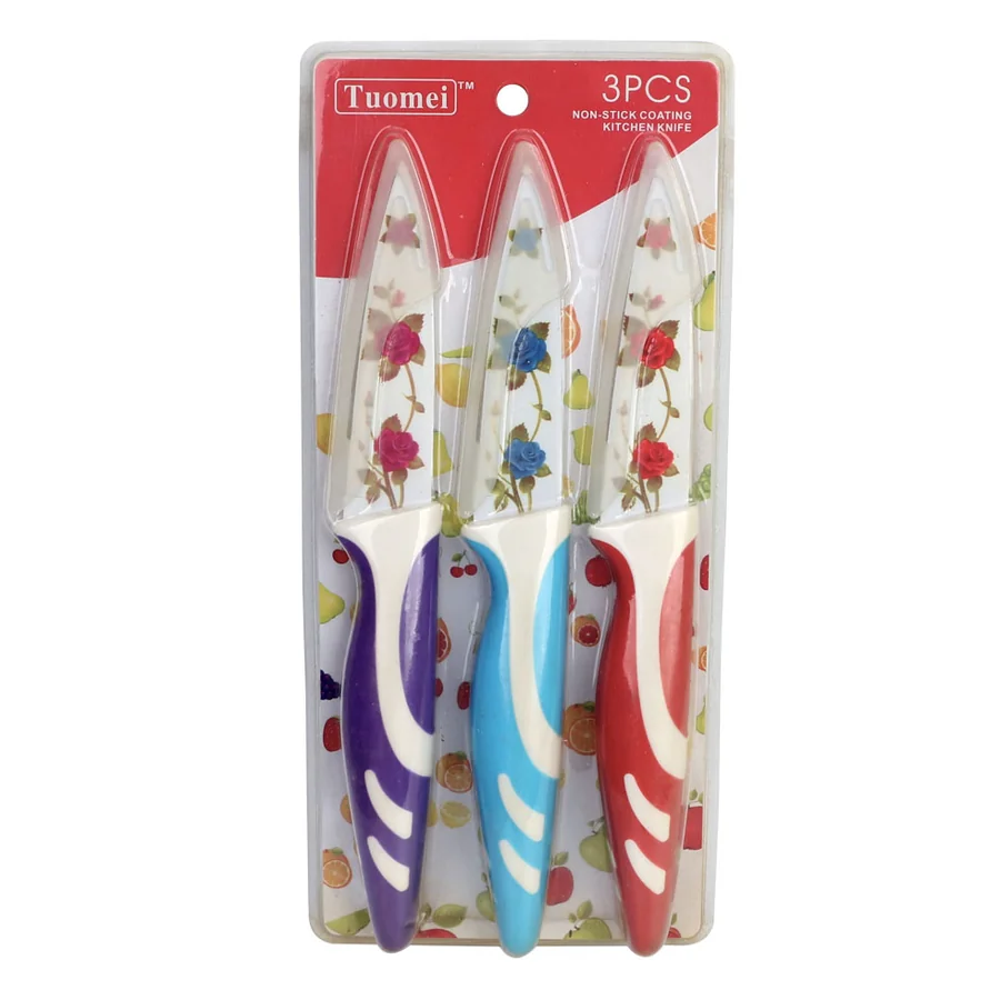 Floral-pattern ceramic kitchen knives with colorful handles.