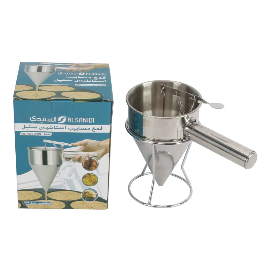 Stainless steel flour sifter with handle and stand.