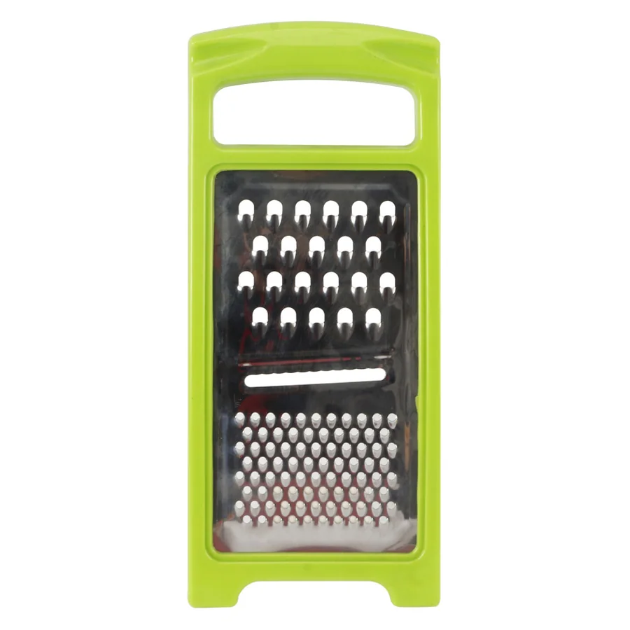Green plastic grater with dual stainless steel blades.