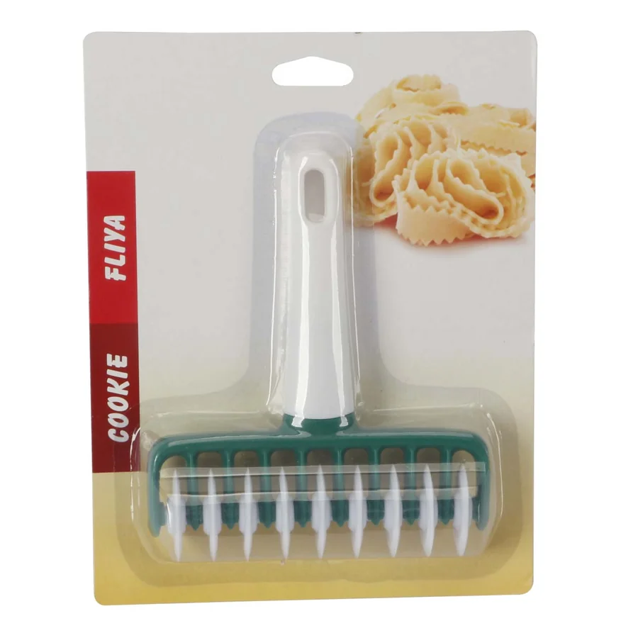 Plastic cookie cutter with ridged design.