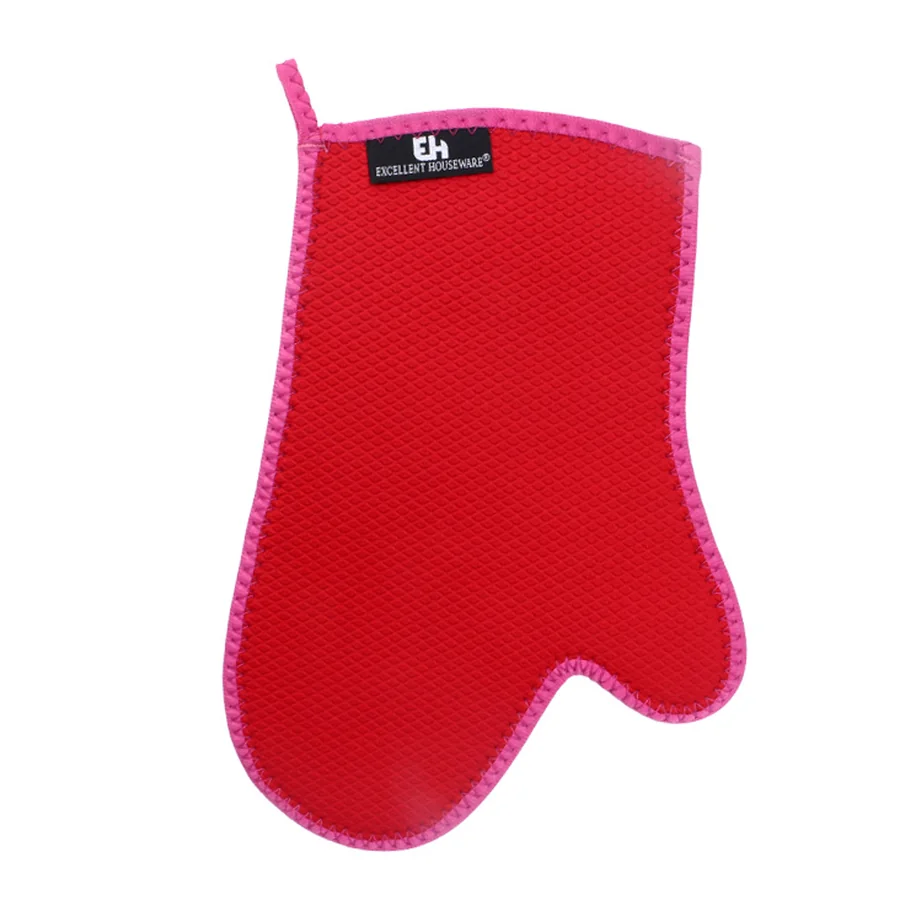Red fabric oven mitt with pink trim.