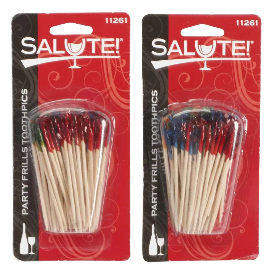 Wooden toothpicks in colorful packaging.