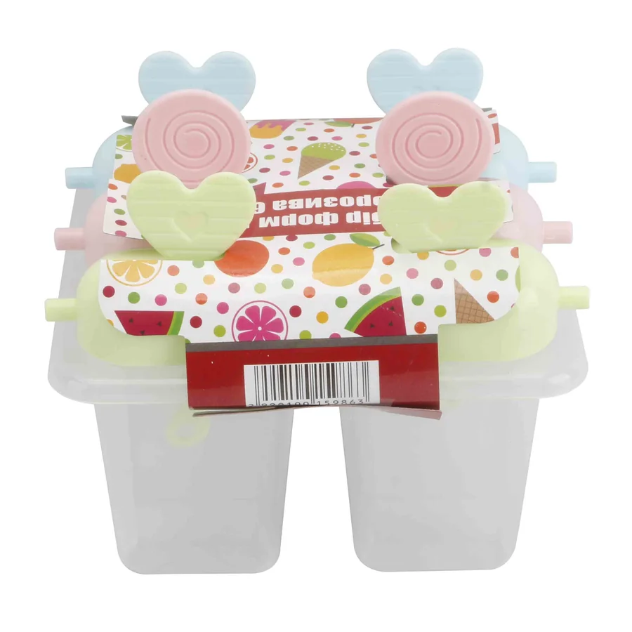 Plastic popsicle mold with colorful handles.