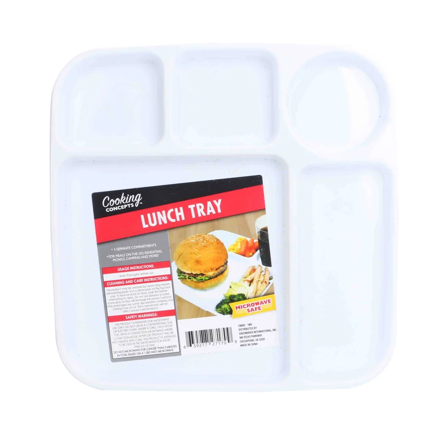 White plastic segmented lunch tray.