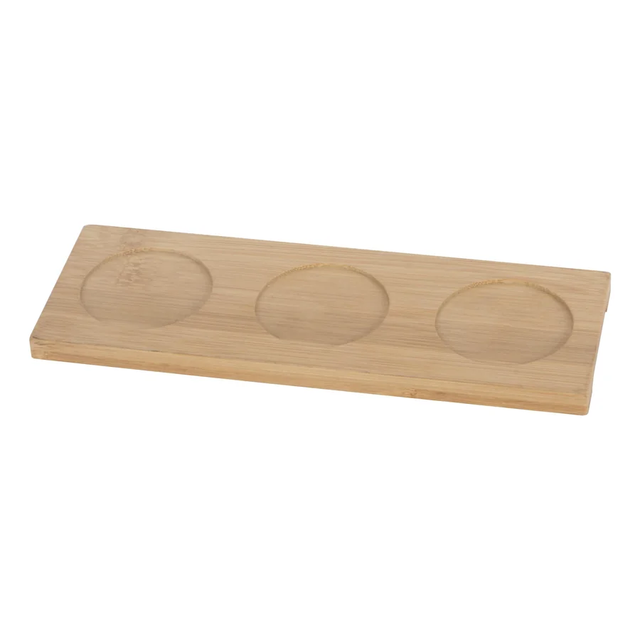 Bamboo wood rectangular tray with three circular indentations.