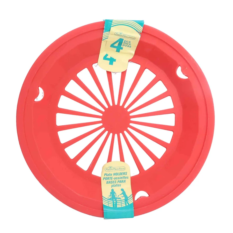 Red plastic plate holders with sunburst design.