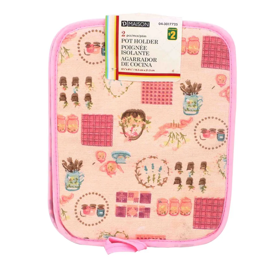 Printed fabric pot holder with pink trim.