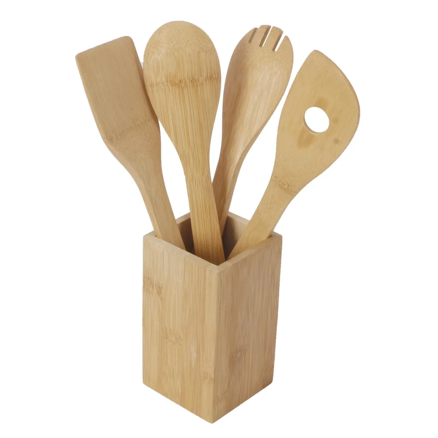 Bamboo kitchen utensils set in holder.
