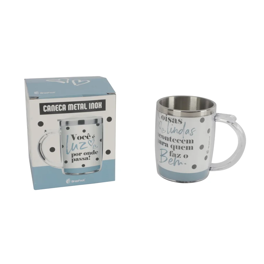 Stainless steel mug with polka dot design.