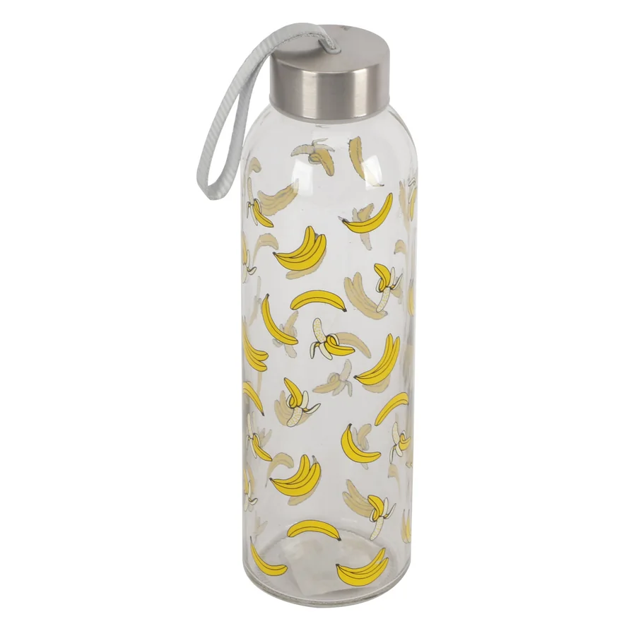 Glass bottle with banana pattern and metal lid.