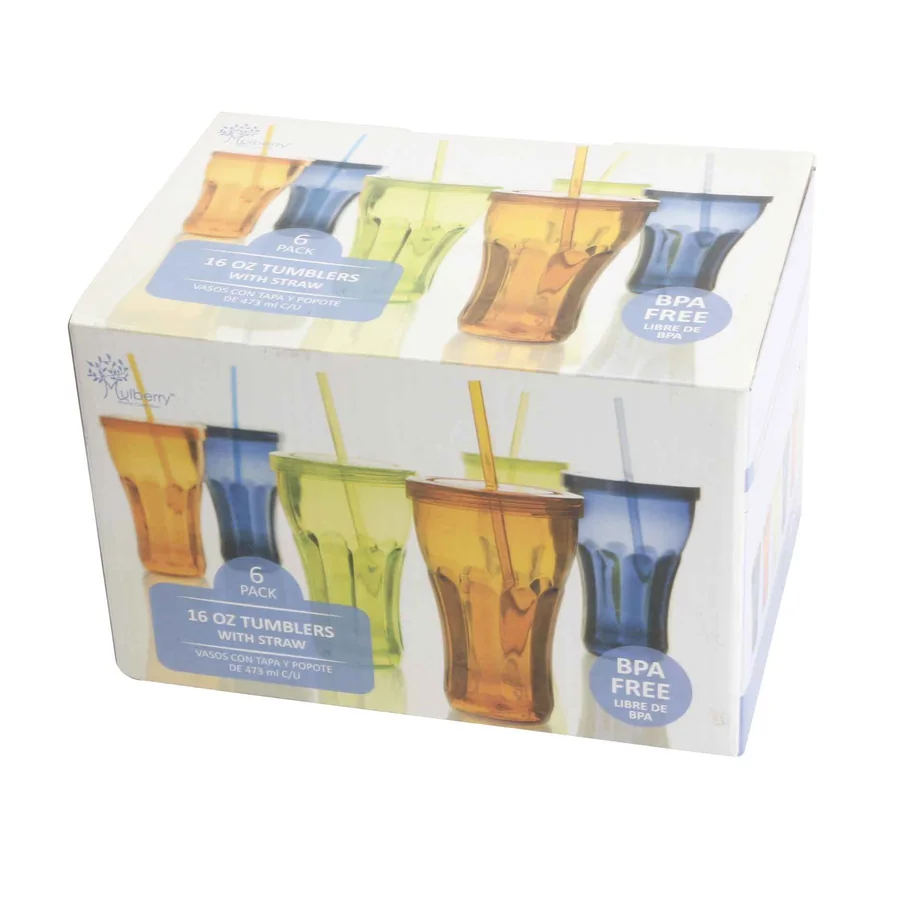 Colorful plastic tumblers with straws in a box.