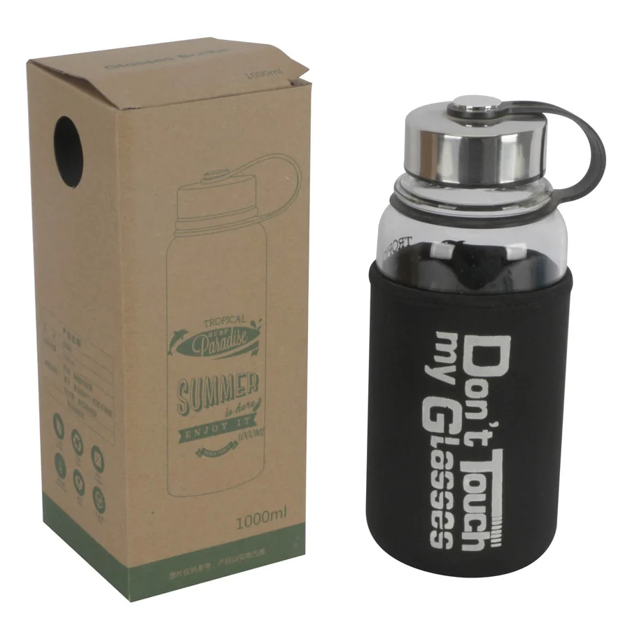 Glass water bottle with black sleeve and handle.