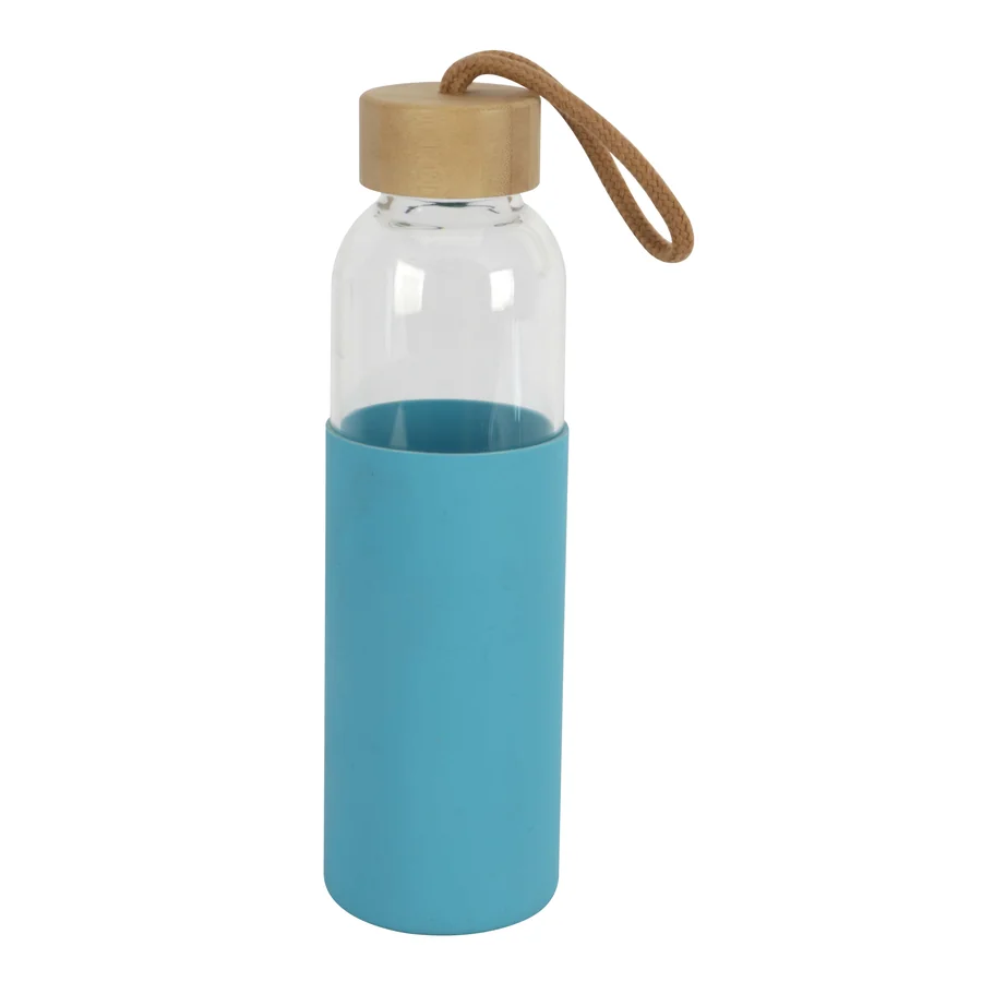 Glass bottle with bamboo lid and blue silicone sleeve.