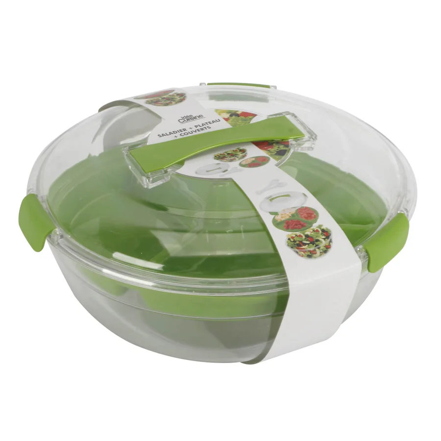Clear plastic salad bowl with green lid and handles.