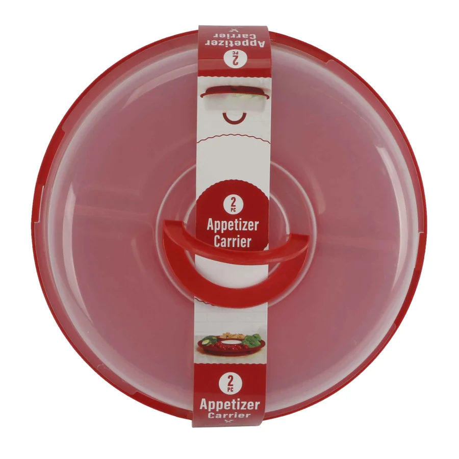 Red plastic appetizer carrier with lid.