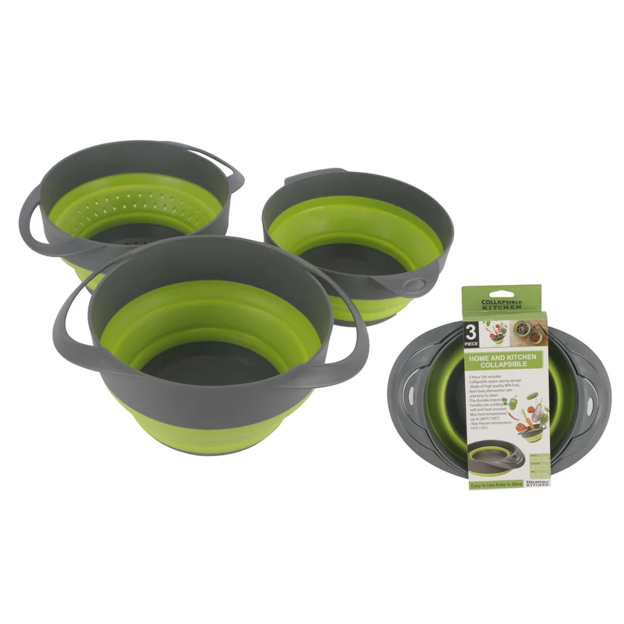 Collapsible silicone kitchen colander set.
