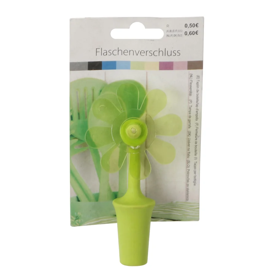 Green plastic flower-shaped bottle stopper.