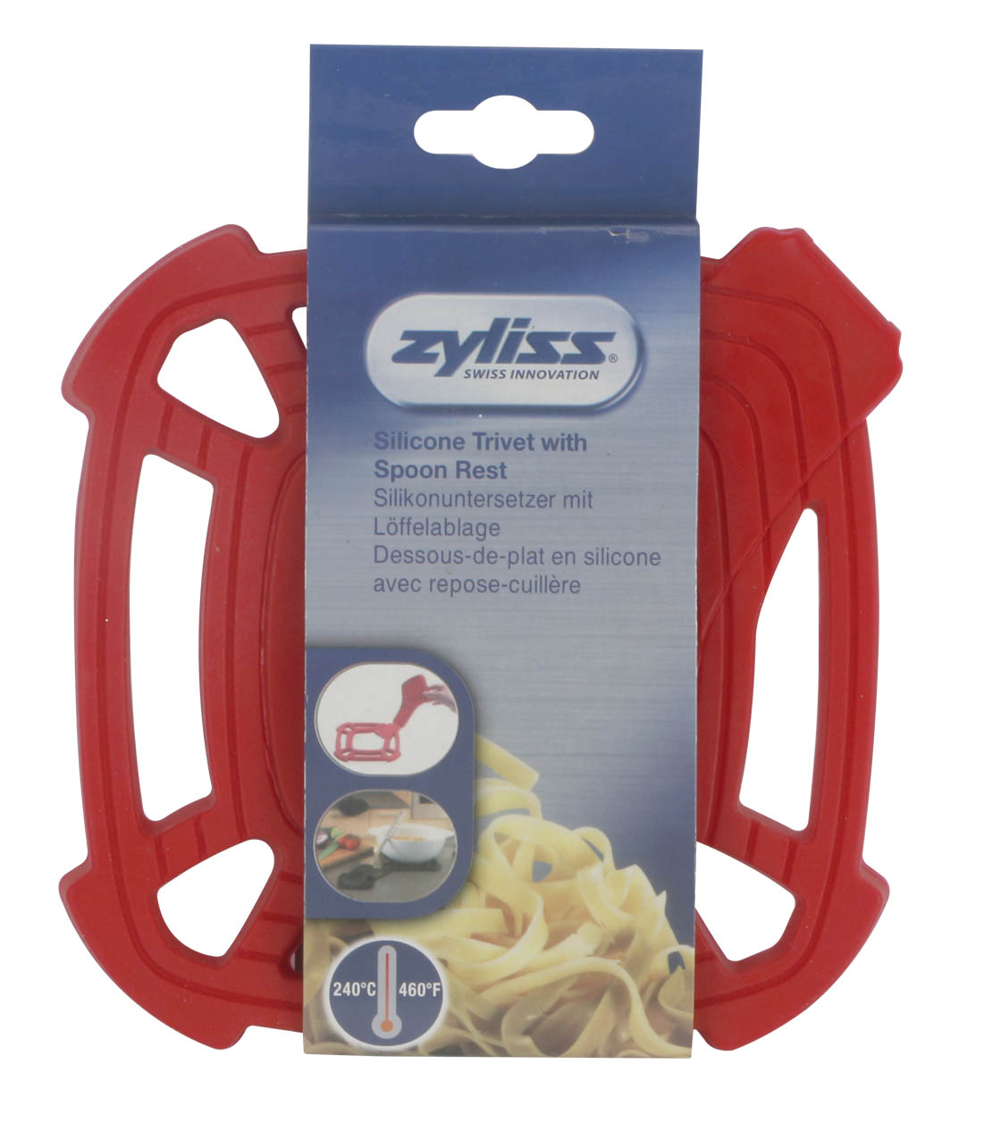 Red silicone trivet with spoon rest.