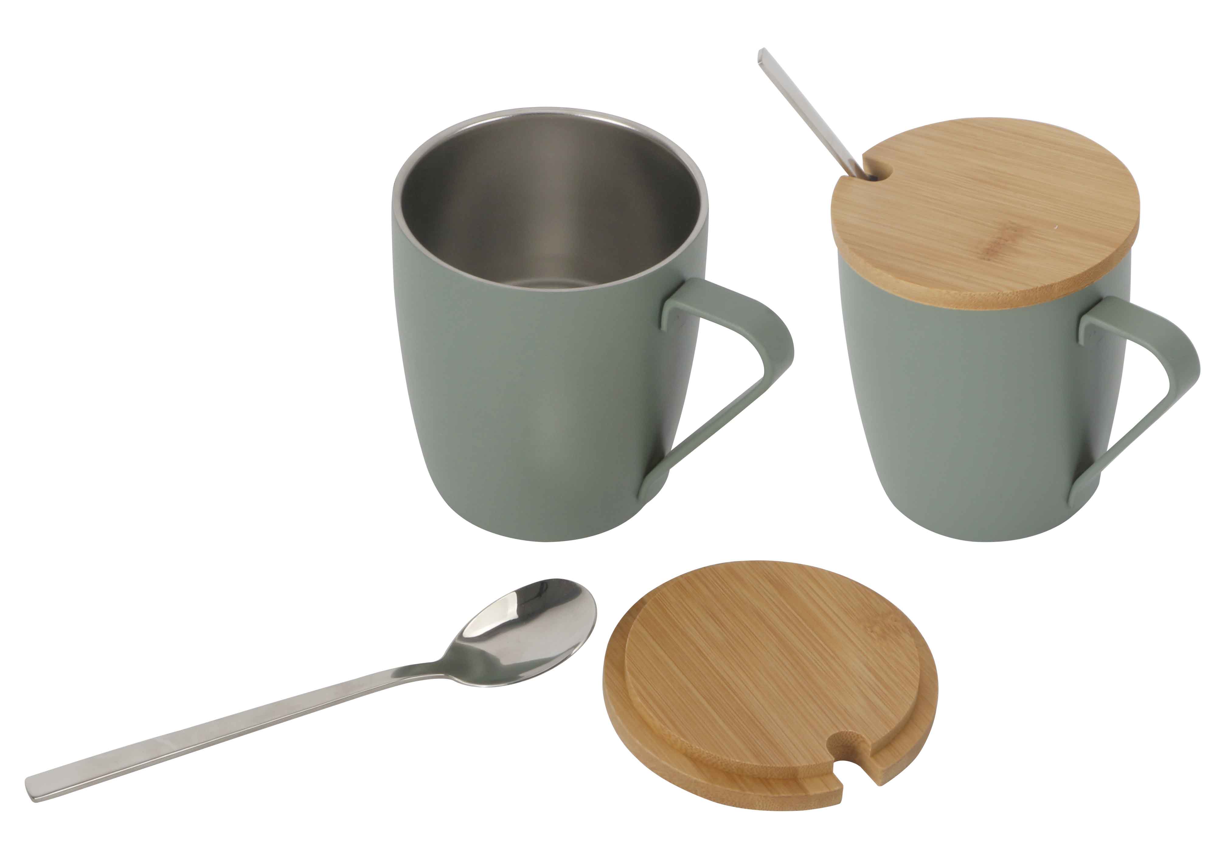 Matte green ceramic mugs with bamboo lids and a spoon.