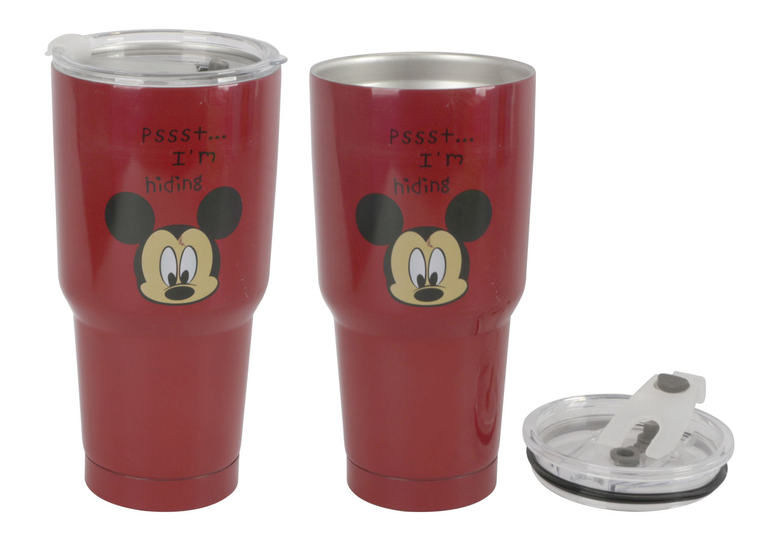 Red stainless steel travel mug with Mickey Mouse design.