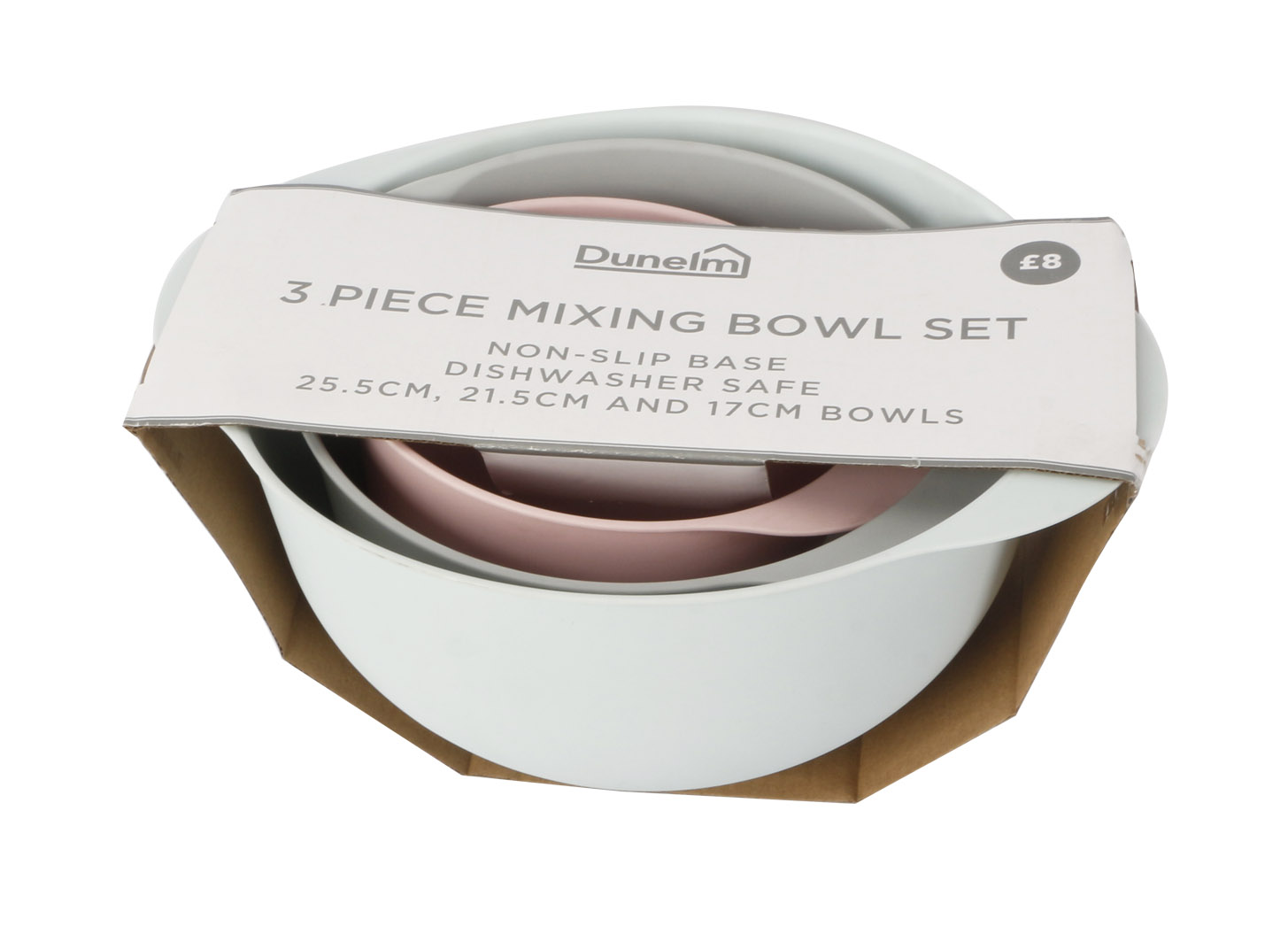 Plastic mixing bowl set in white and pink.