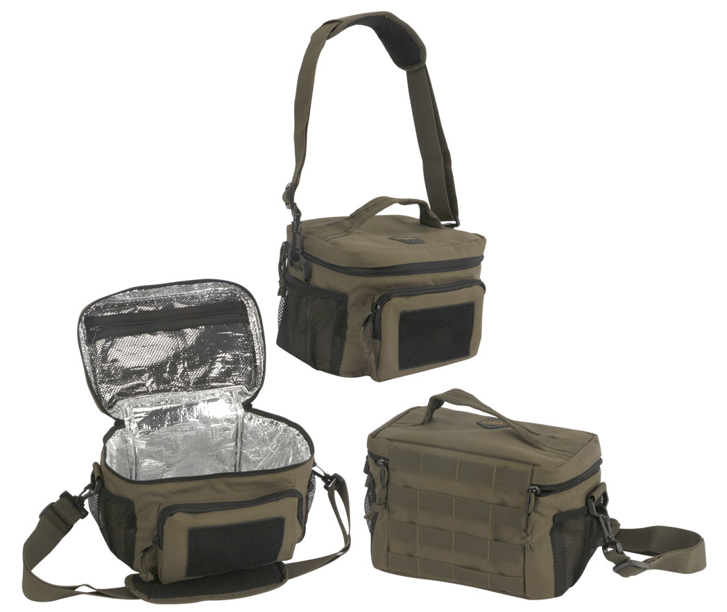 Olive green fabric cooler bag with insulated interior.
