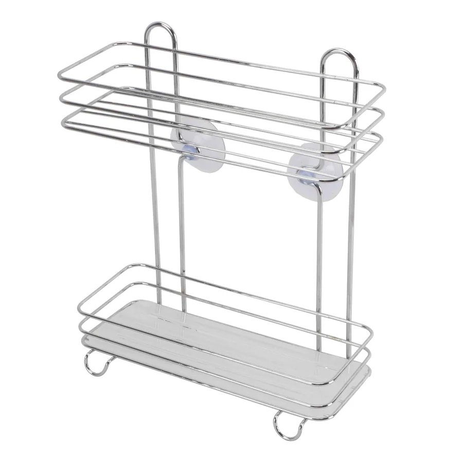 Chrome two-tiered wall-mounted shower caddy with suction cups.