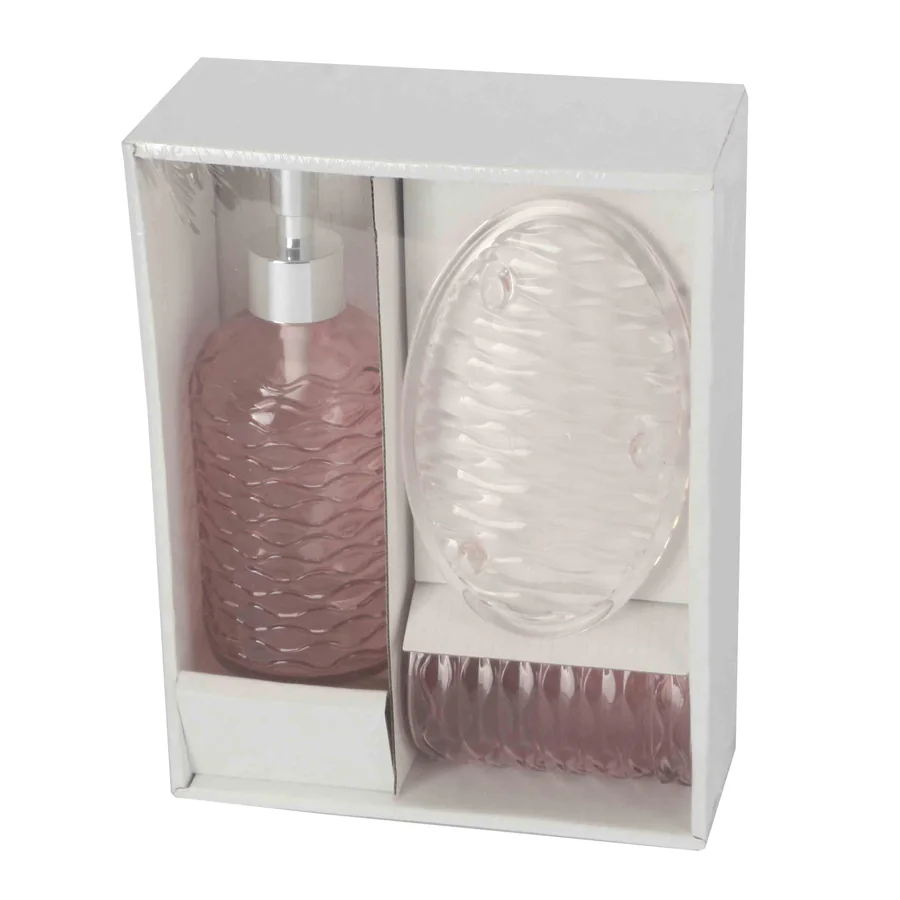 Set of pink textured glass items in a white box.