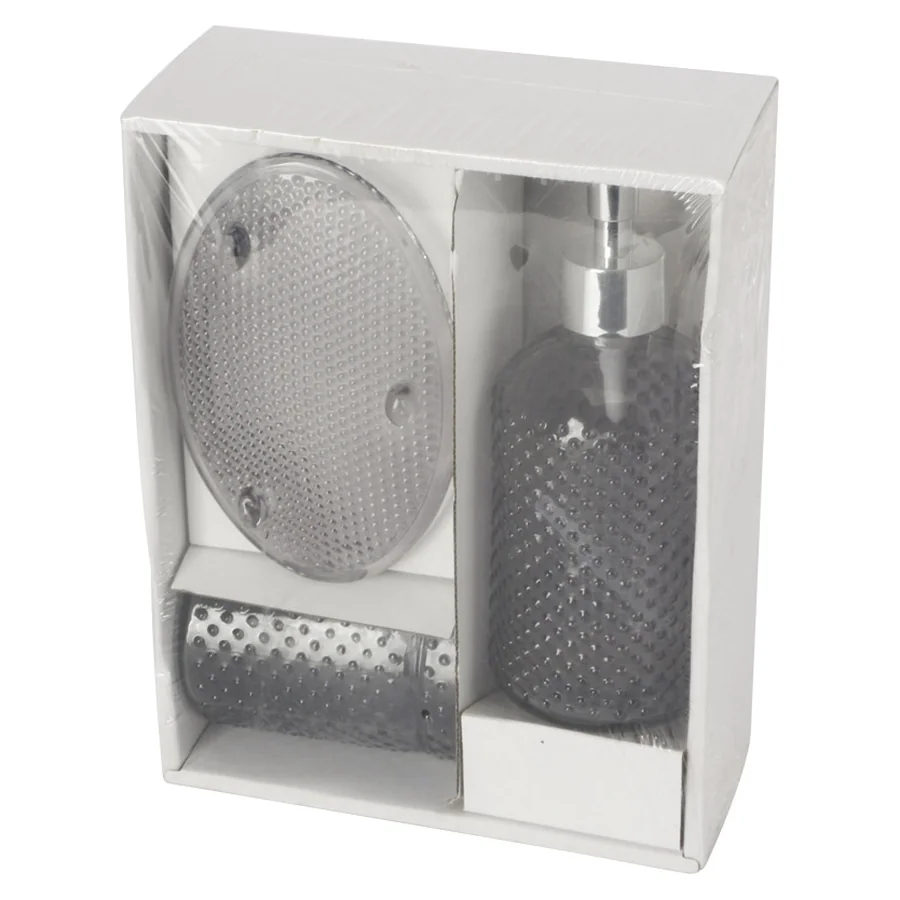 Set of grey textured glass bathroom accessories in a box.