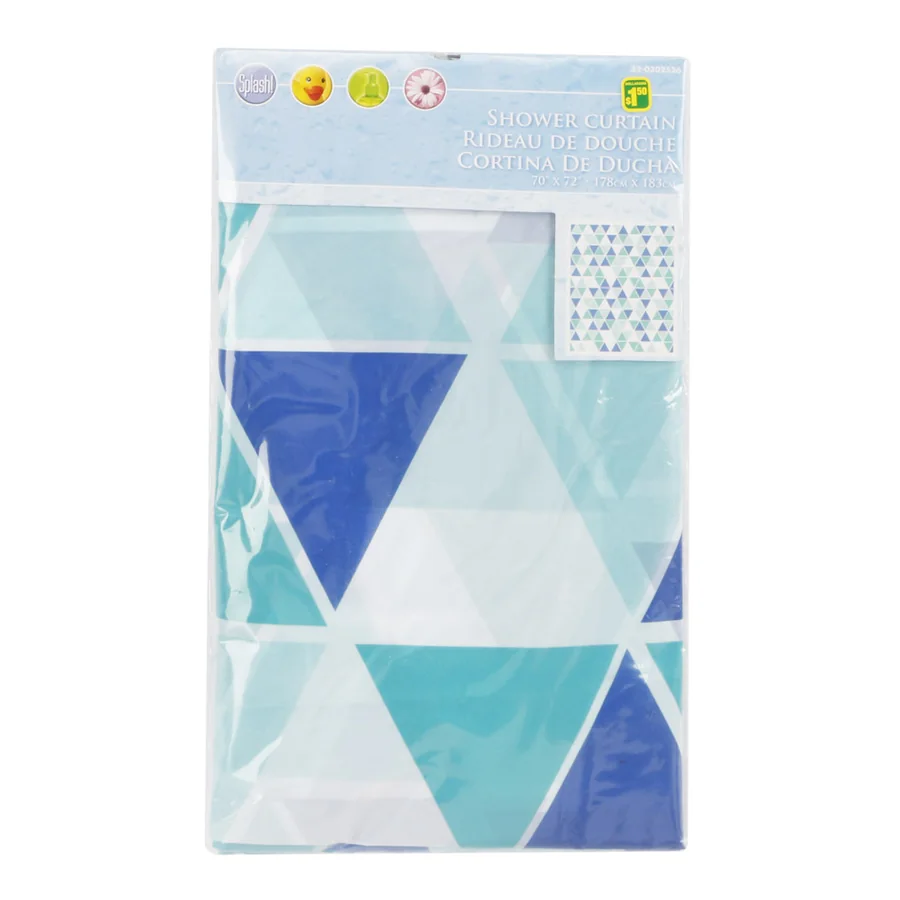 Packaged shower curtain with blue and white geometric triangle patterns.